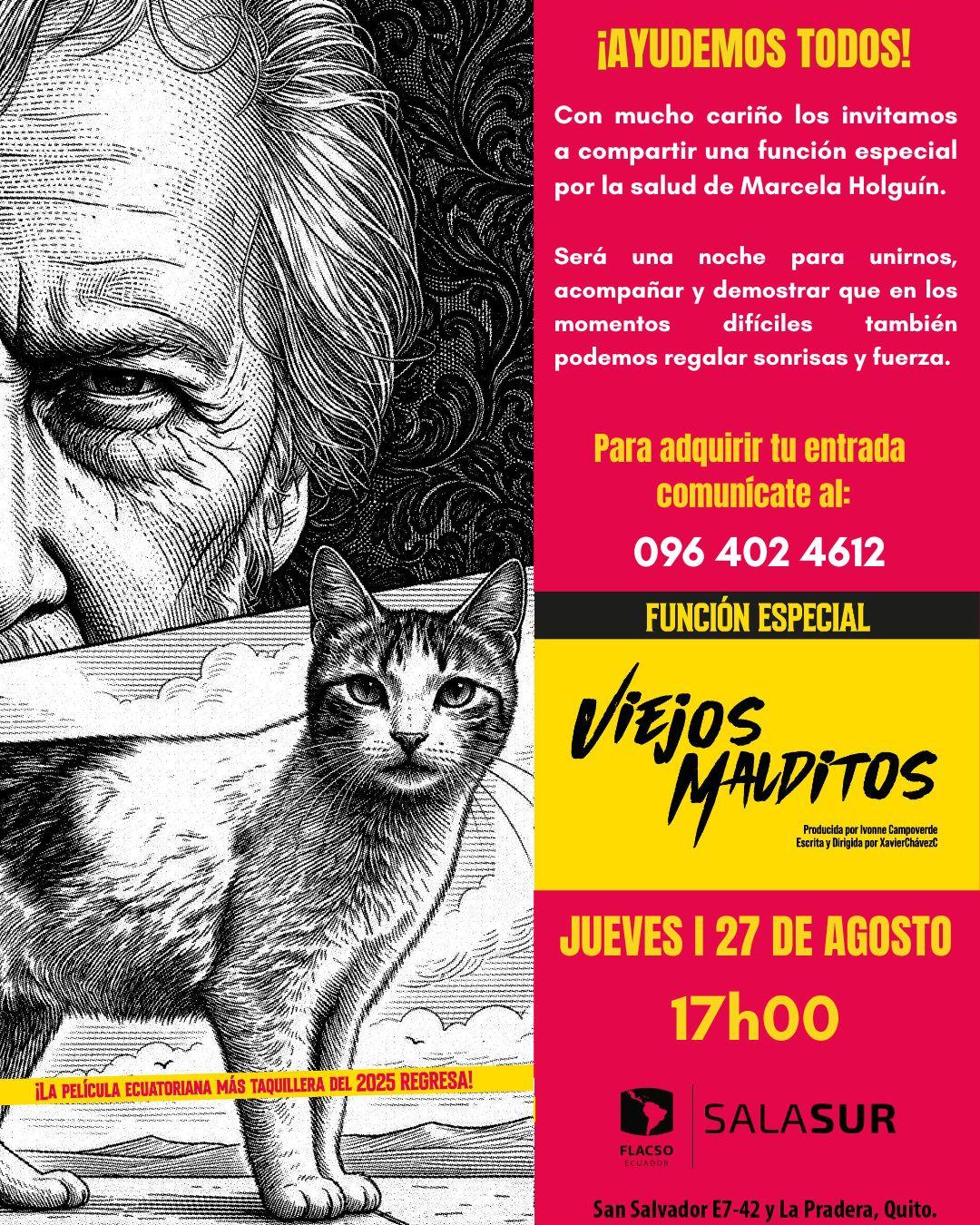 Afiche de la función solidaria de Viejos Malditos en Quito, jueves 27 de agosto a las 17h00
